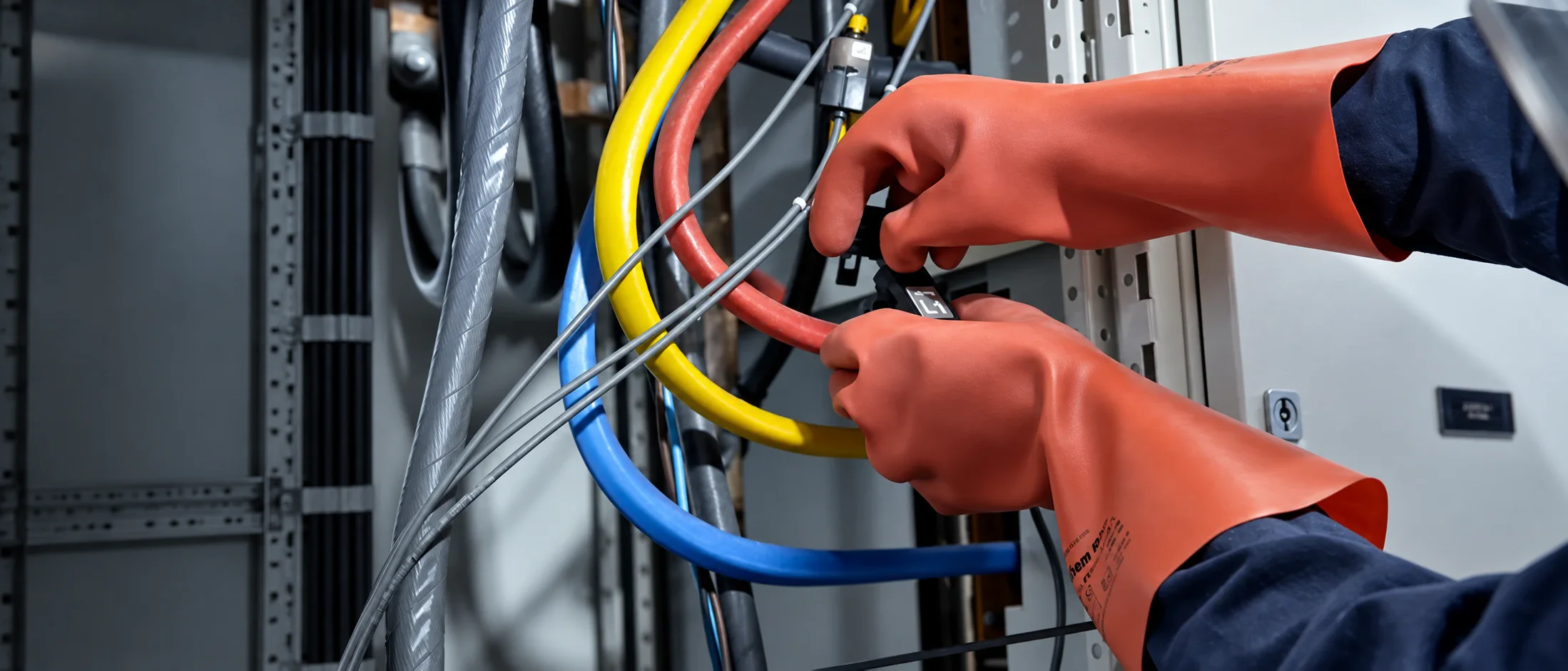 Fitting a split-core current transformer during an EpiSensor installation. AI-retouched still from our on-site footage, extended on the left for the page layout.