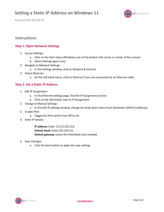 Static IP Configuration (Windows) - first page preview