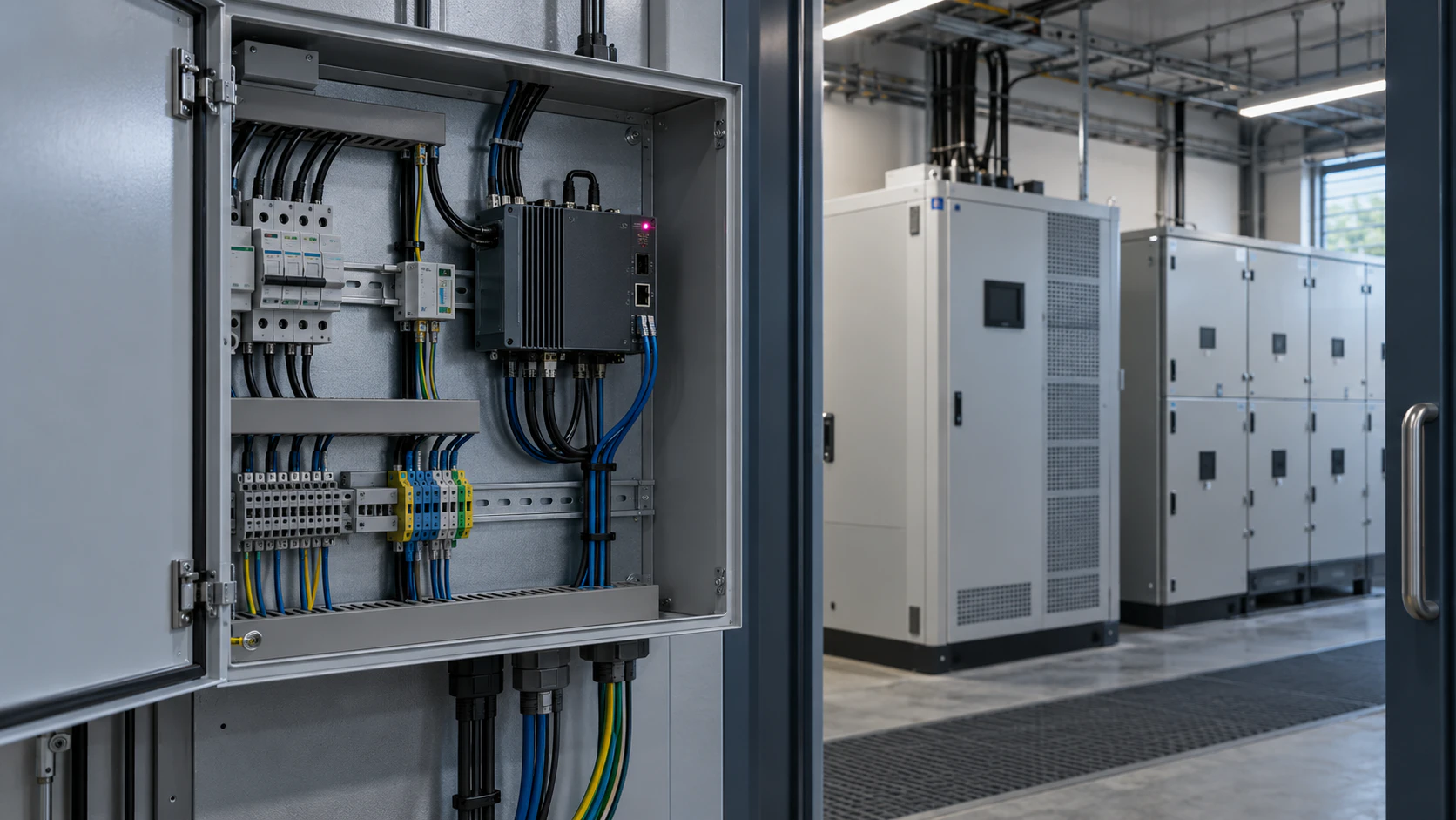 An open control cabinet with an industrial Gateway, switchgear and battery inverter cabinets in the plant room beyond.