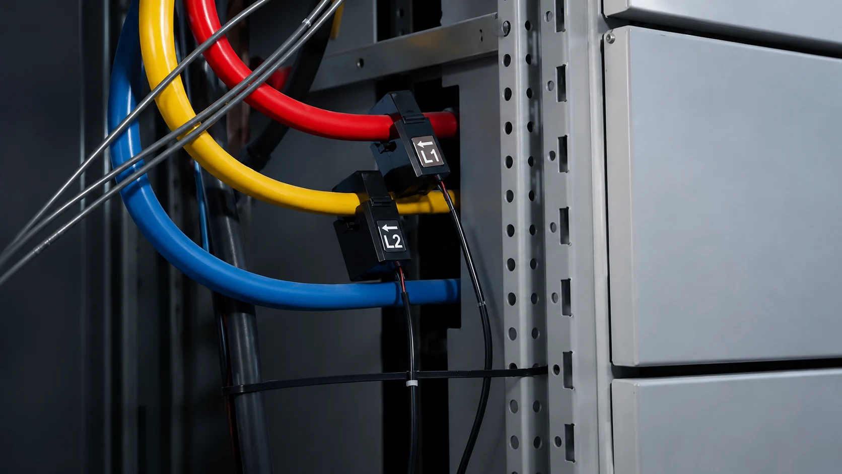 Split-core current transformers around insulated phase conductors inside an electrical cabinet.