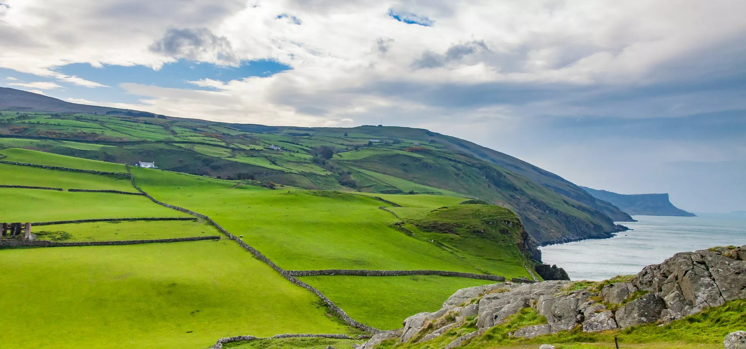Green fields running down to the sea on the Antrim coast.