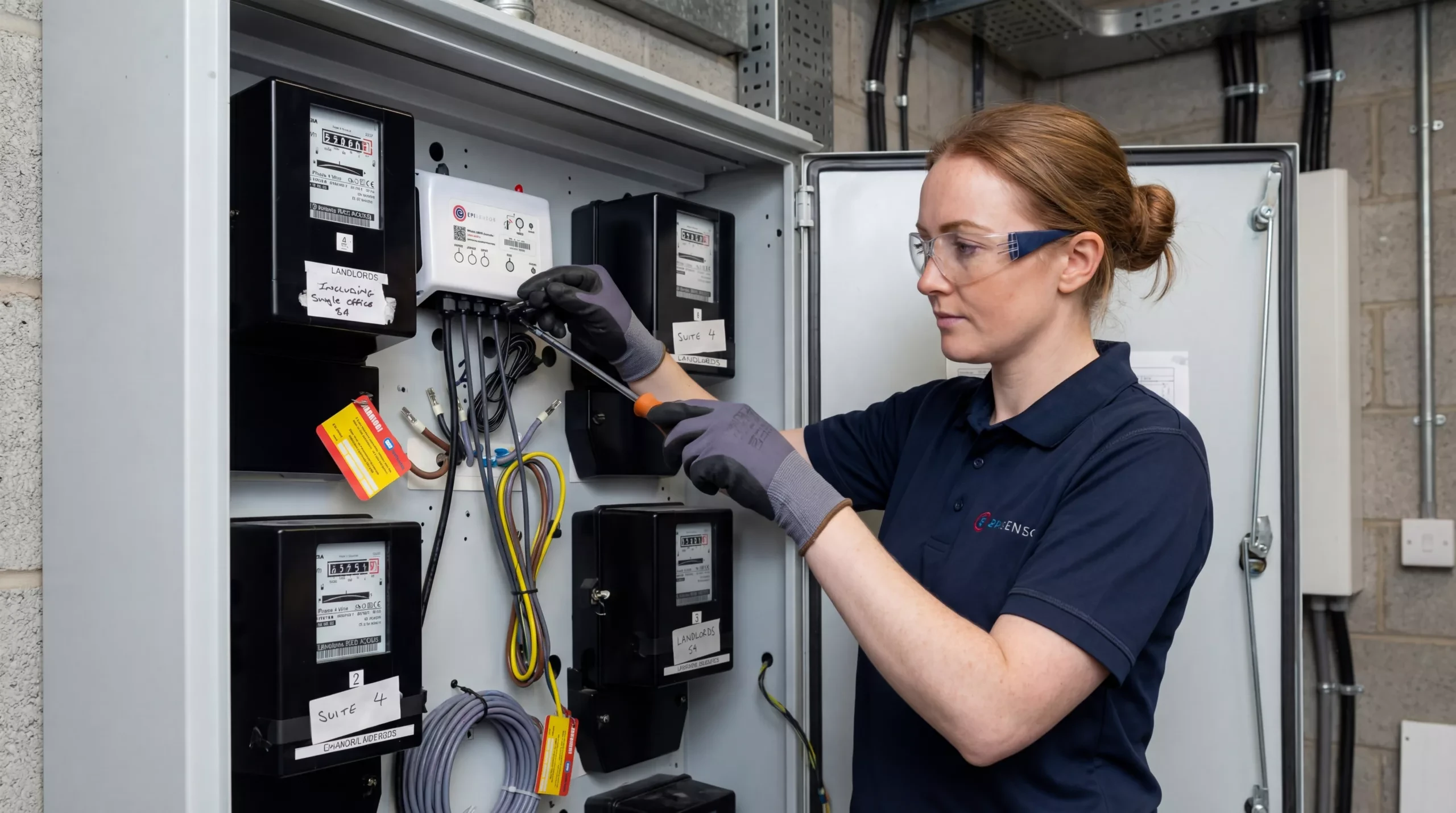 A technician wiring EpiSensor meters into an electrical distribution board.