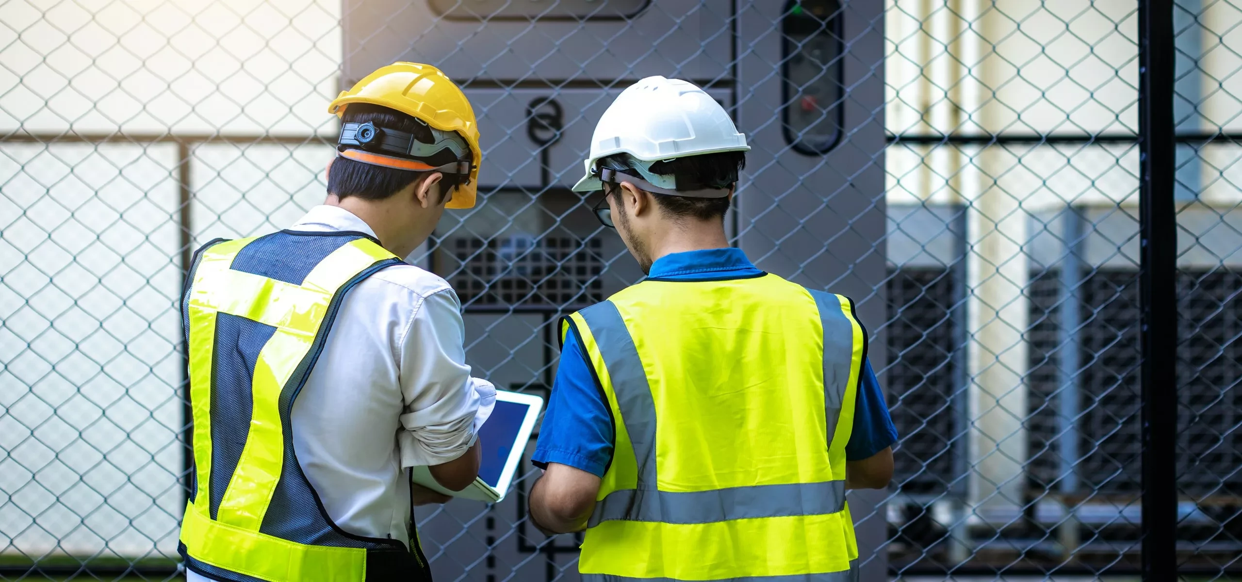 Two people in hi-vis carrying out an energy audit beside plant on an industrial site.