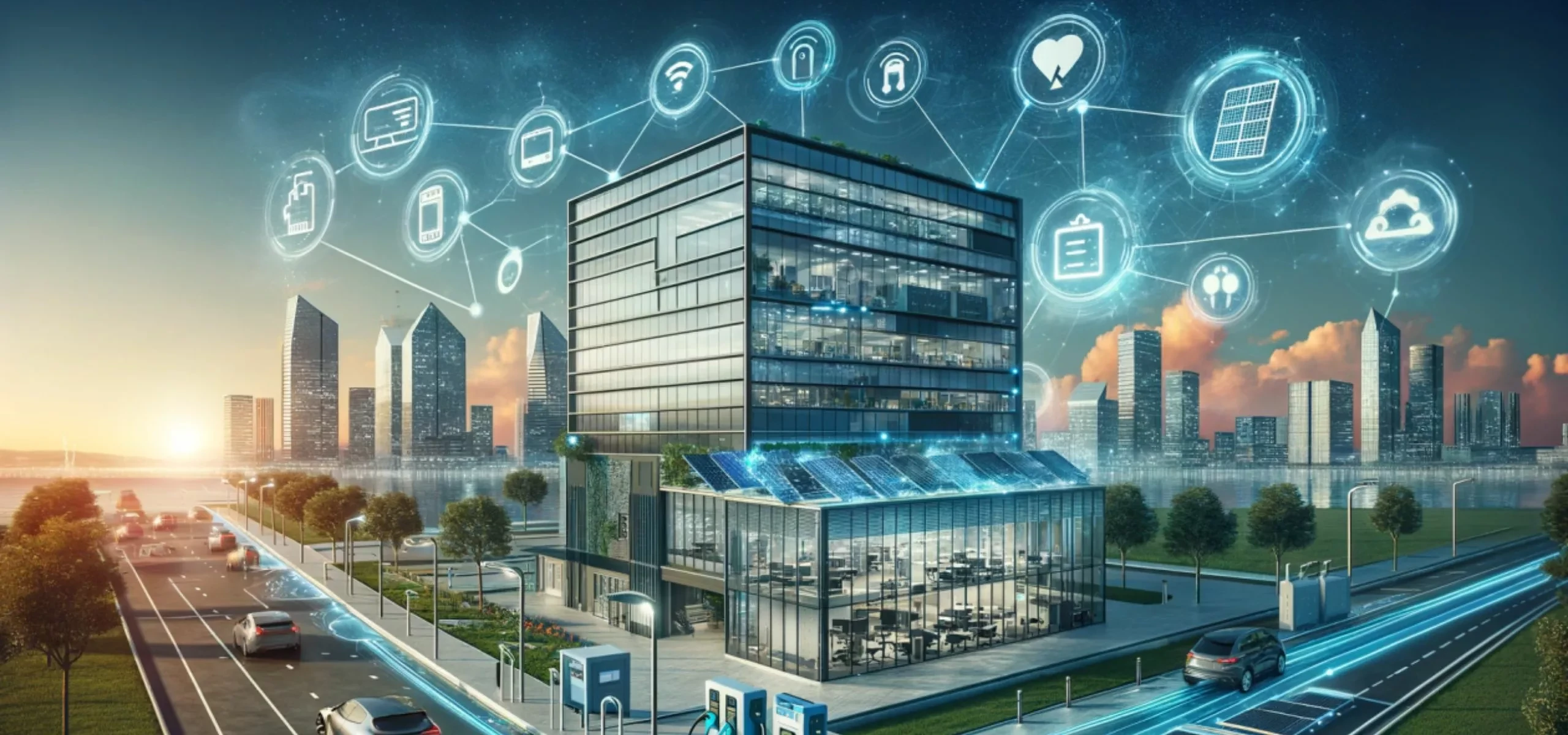 An illustration of a connected city, with buildings, vehicles and energy assets linked together.