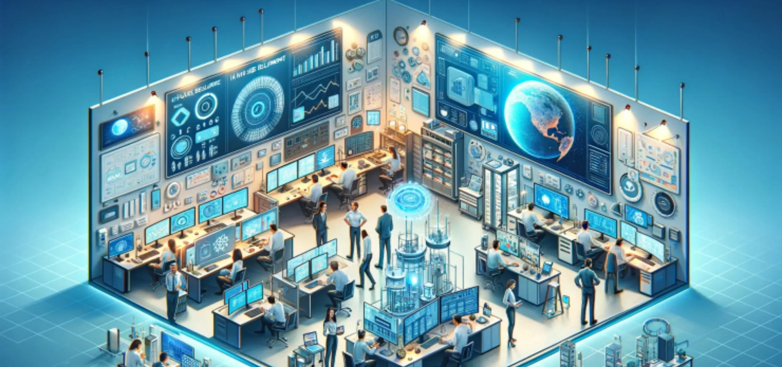 An illustration of an energy operations room, its wall covered in dashboards.