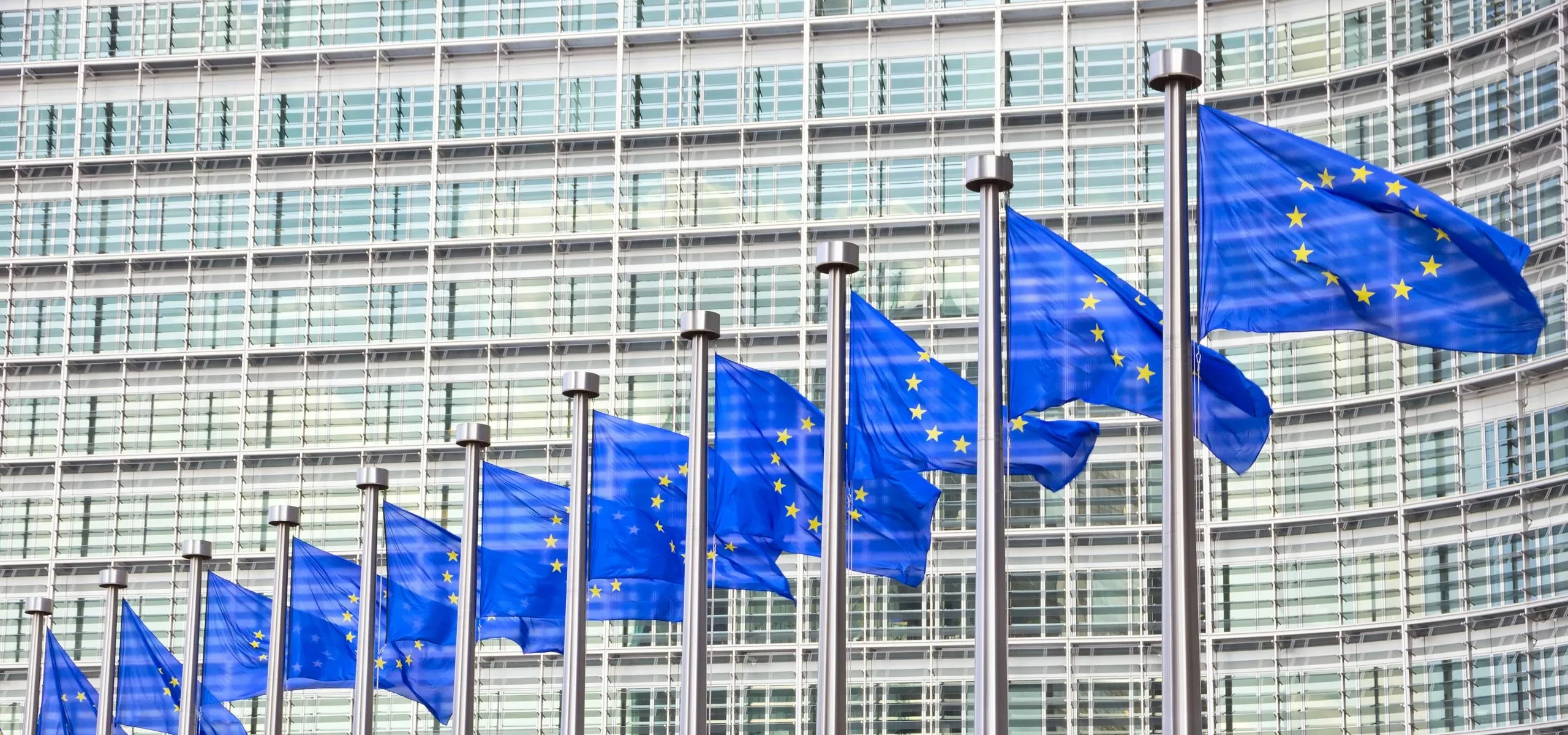European Union flags outside a European Commission building.