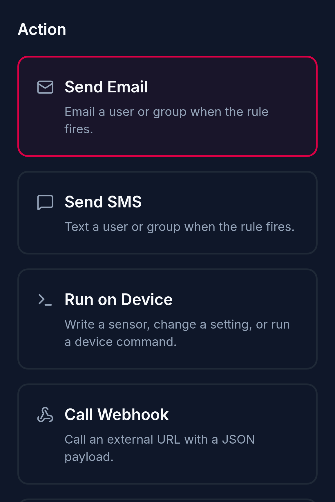 The Edge automation wizard on a phone, choosing what a rule does: send an email, send an SMS, run a command on a device, or call an external webhook.