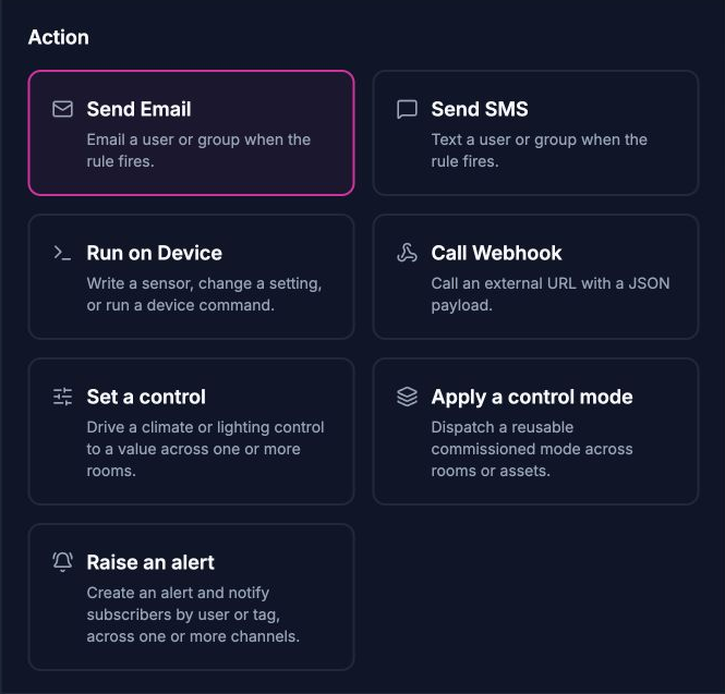 Real Edge automation choices: email, SMS, device command, webhook, room control, control mode and alert.