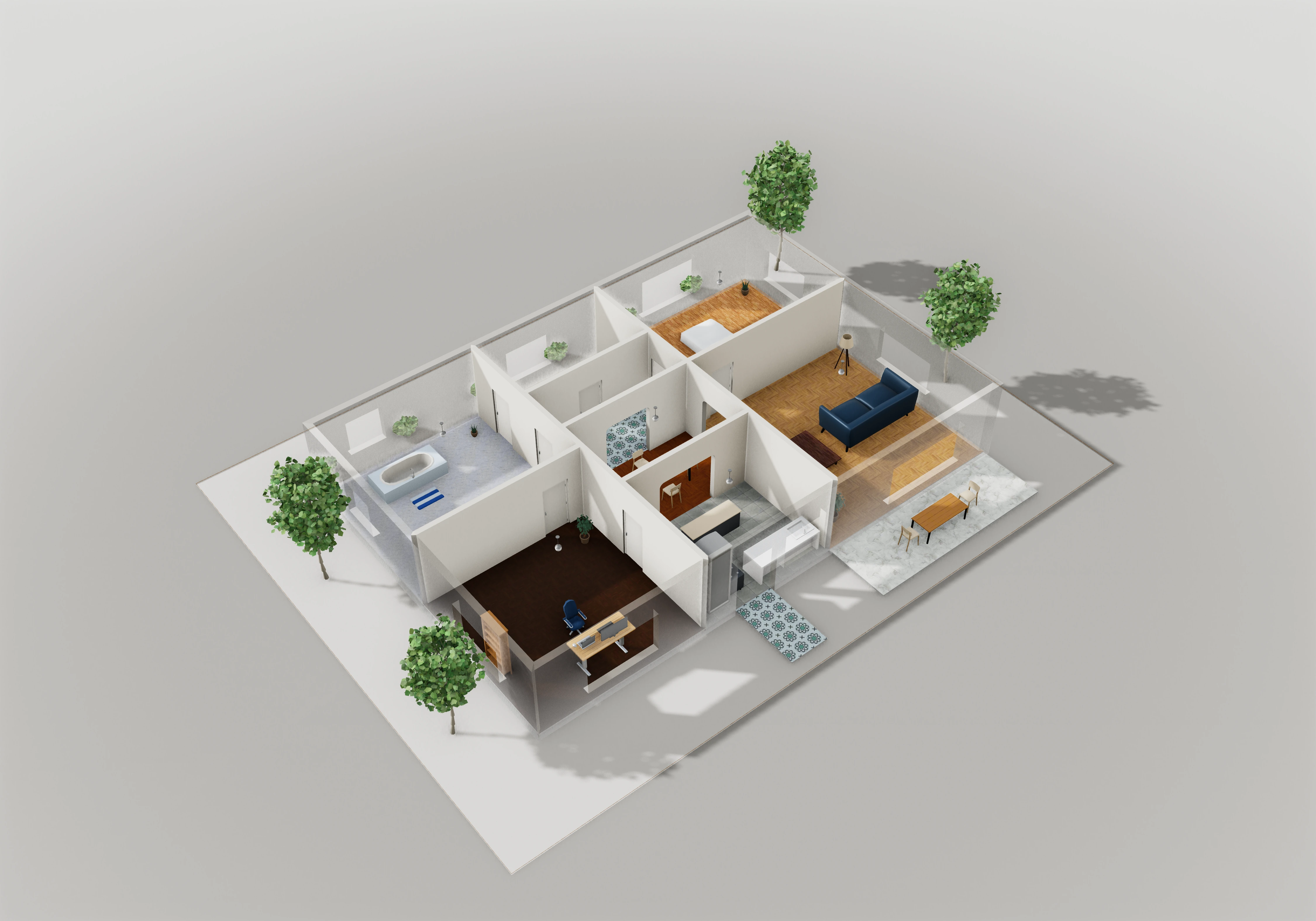 Native Edge cutaway of Innovation House with daylight, timber floors, furnished rooms and planted surroundings.