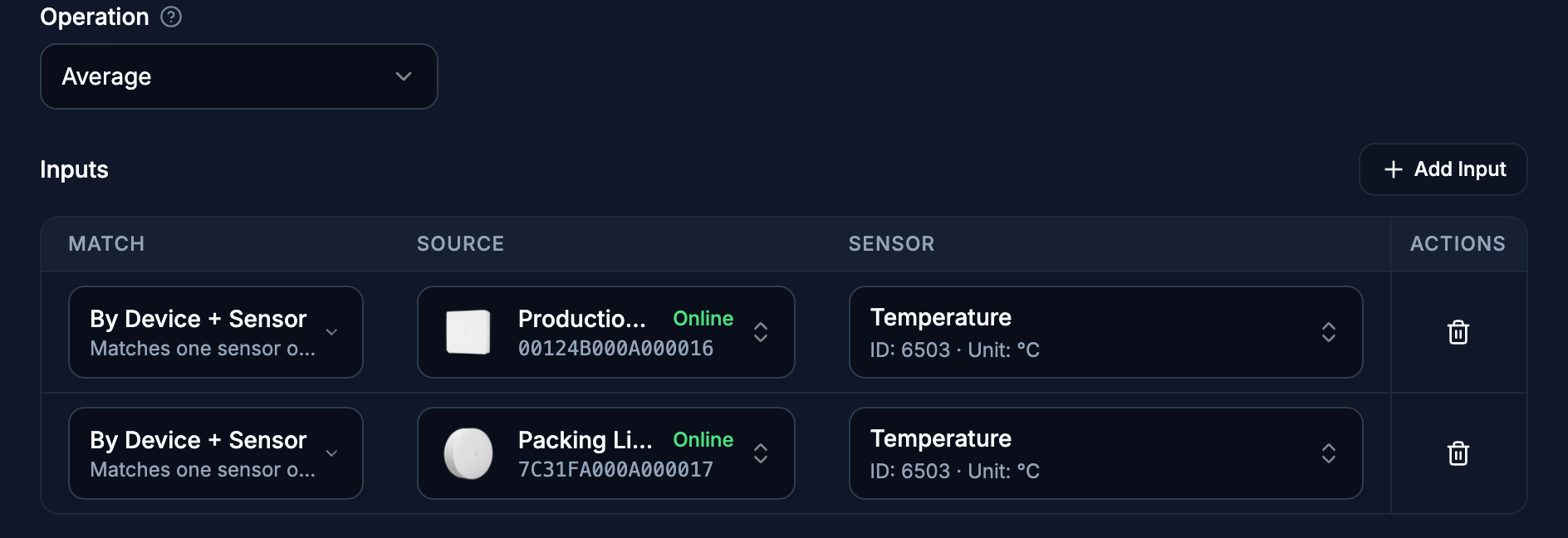 The Edge calculated device editor: an Average operation over two climate sensors on the production floor, each matched by device and sensor.
