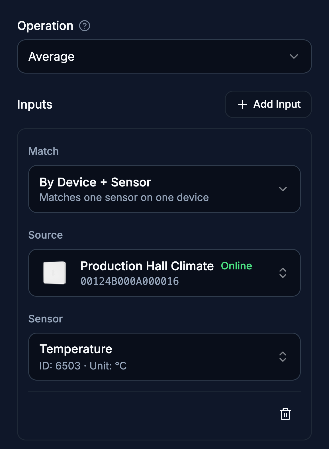 The same calculated device editor on a phone, with the operation, the inputs and the first input’s device and sensor stacked one under another.