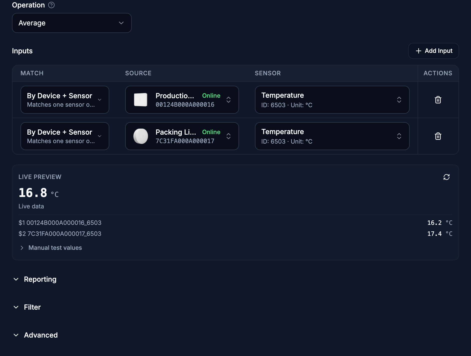 The Edge calculated device editor on its Calculations step: an Average operation over two climate sensors on the production floor, each matched by device and sensor, with the live preview resolving both readings and their mean.