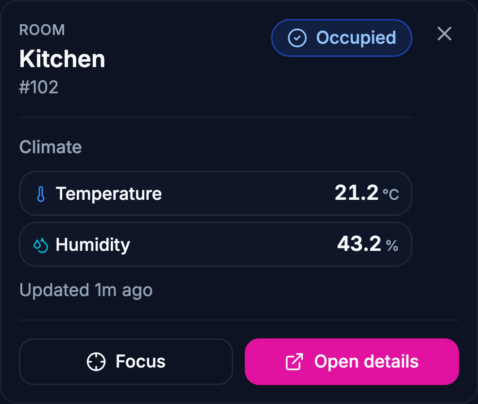 Native Edge room detail for Kitchen 102 with illustrative temperature, humidity and occupancy.