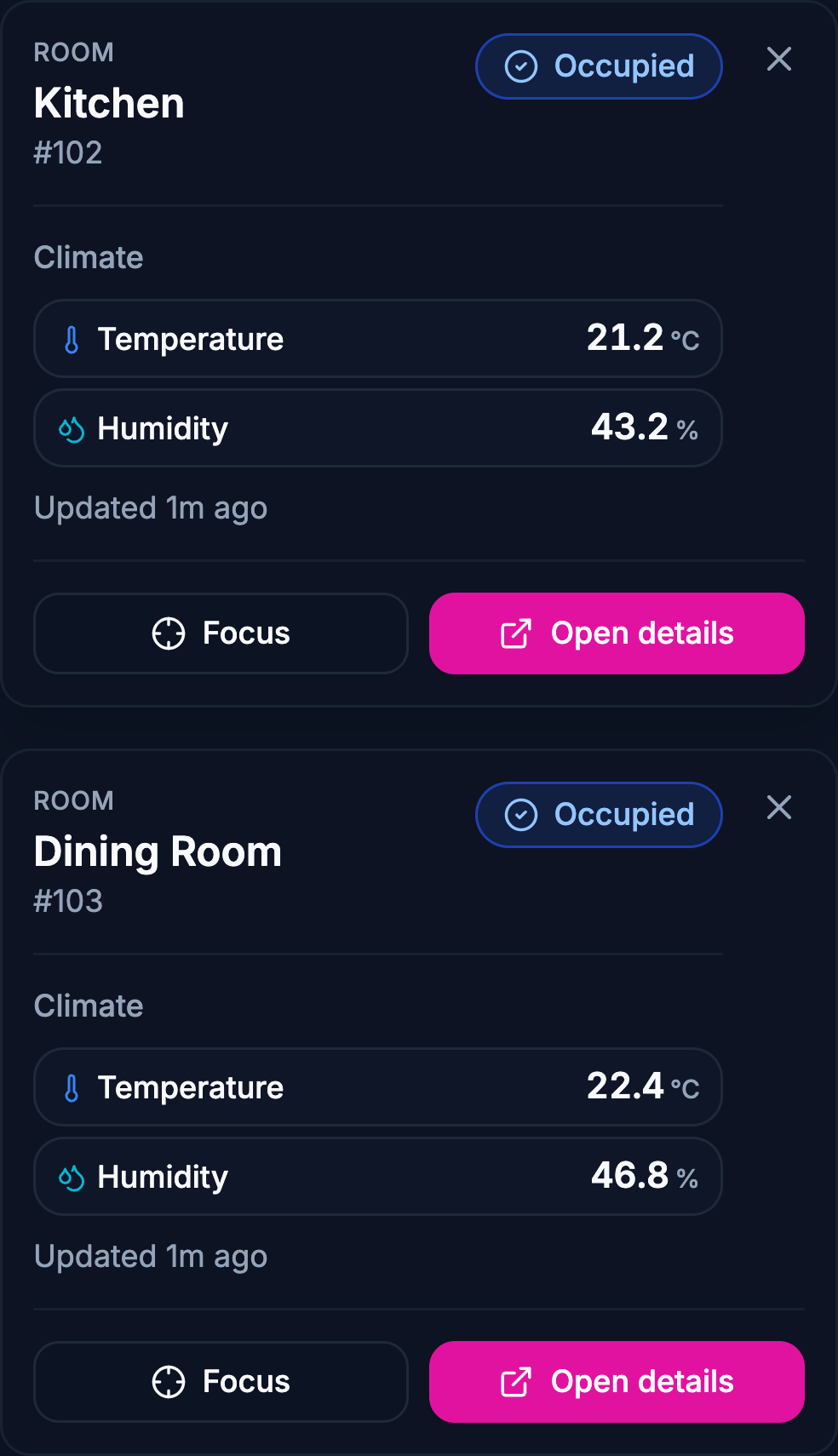 Native Edge room detail panels with illustrative temperature, humidity and occupancy in Kitchen 102 and Dining Room 103.