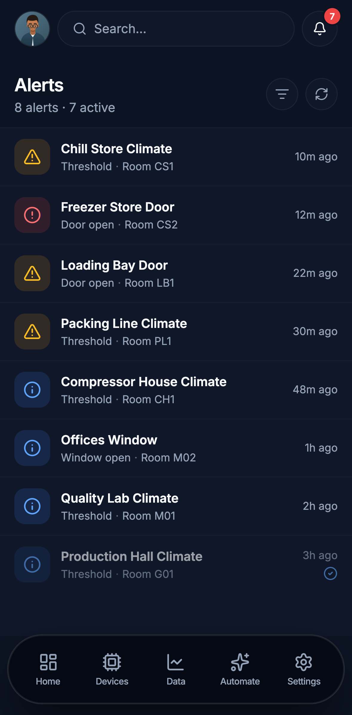 Edge on a phone: eight alerts over a morning, seven of them active, each with a severity icon, the device that raised it, the rule that fired and the room it belongs to, with a resolved one at the foot.