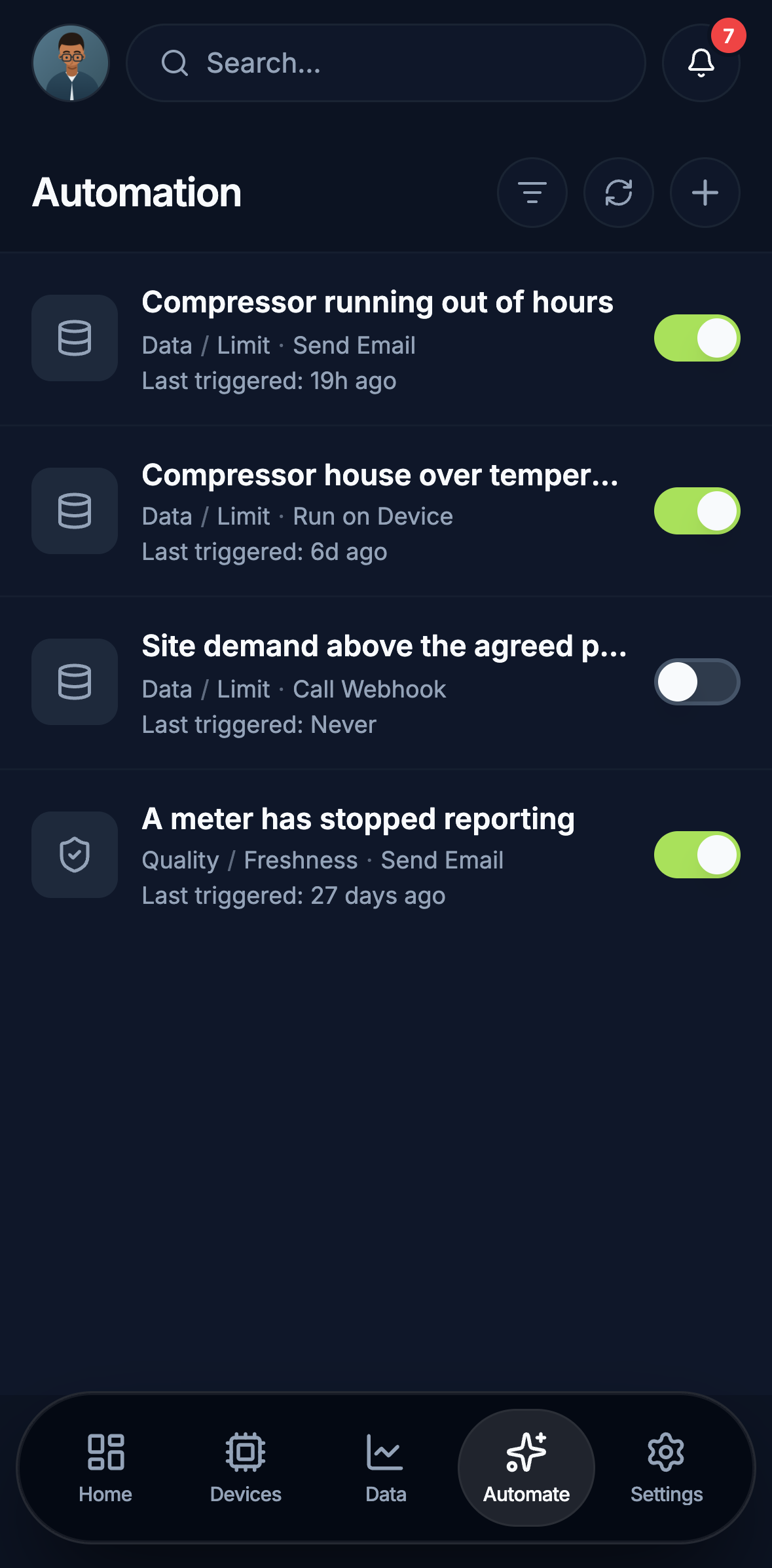Edge on a phone: four automation rules, each with its trigger and action, when it last triggered, and a switch to enable or disable it.