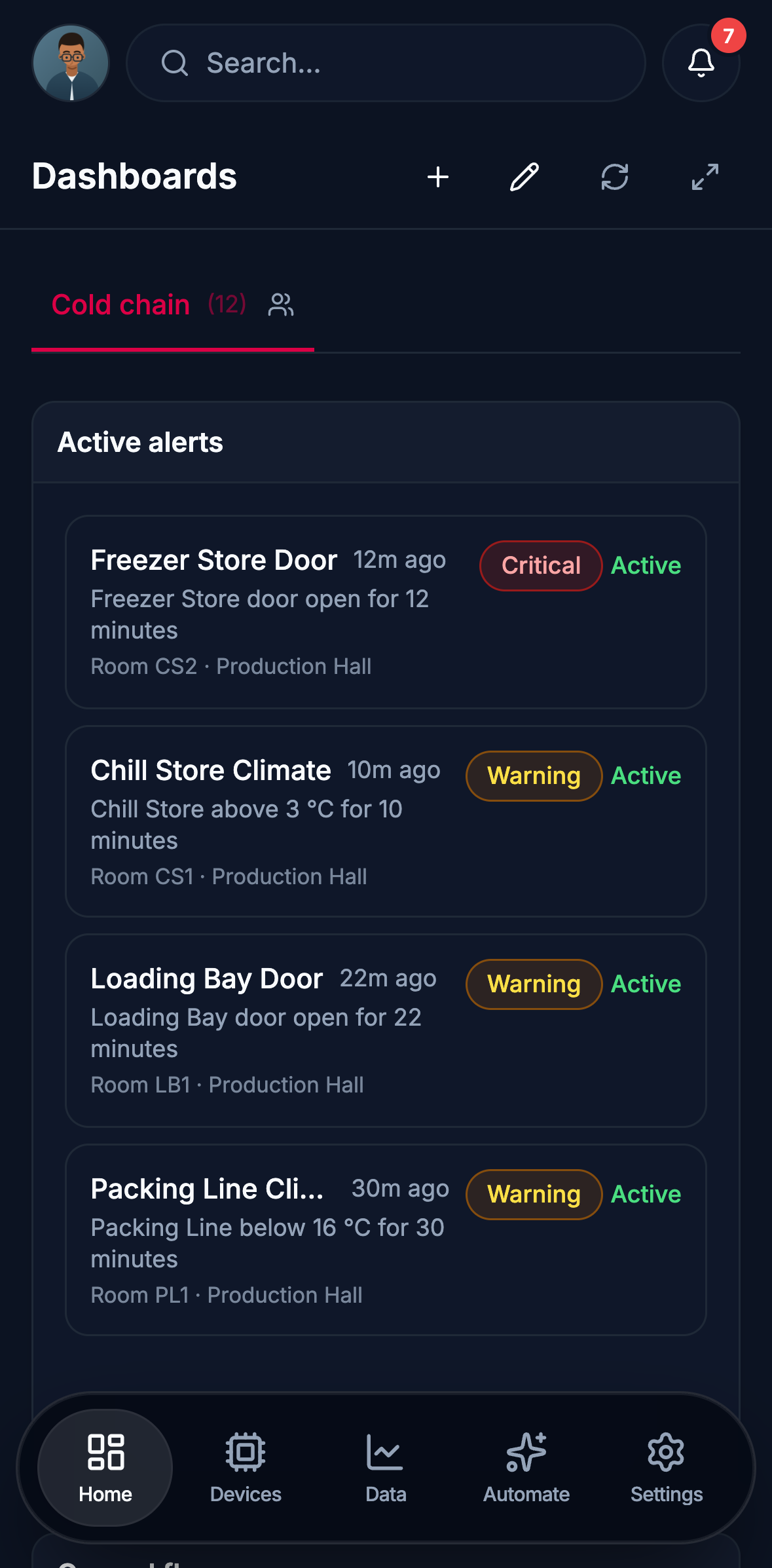 Edge on a phone: the Cold chain dashboard, its active alerts first, each naming the device that raised it, what the rule saw, its room and building, how long ago and its severity.