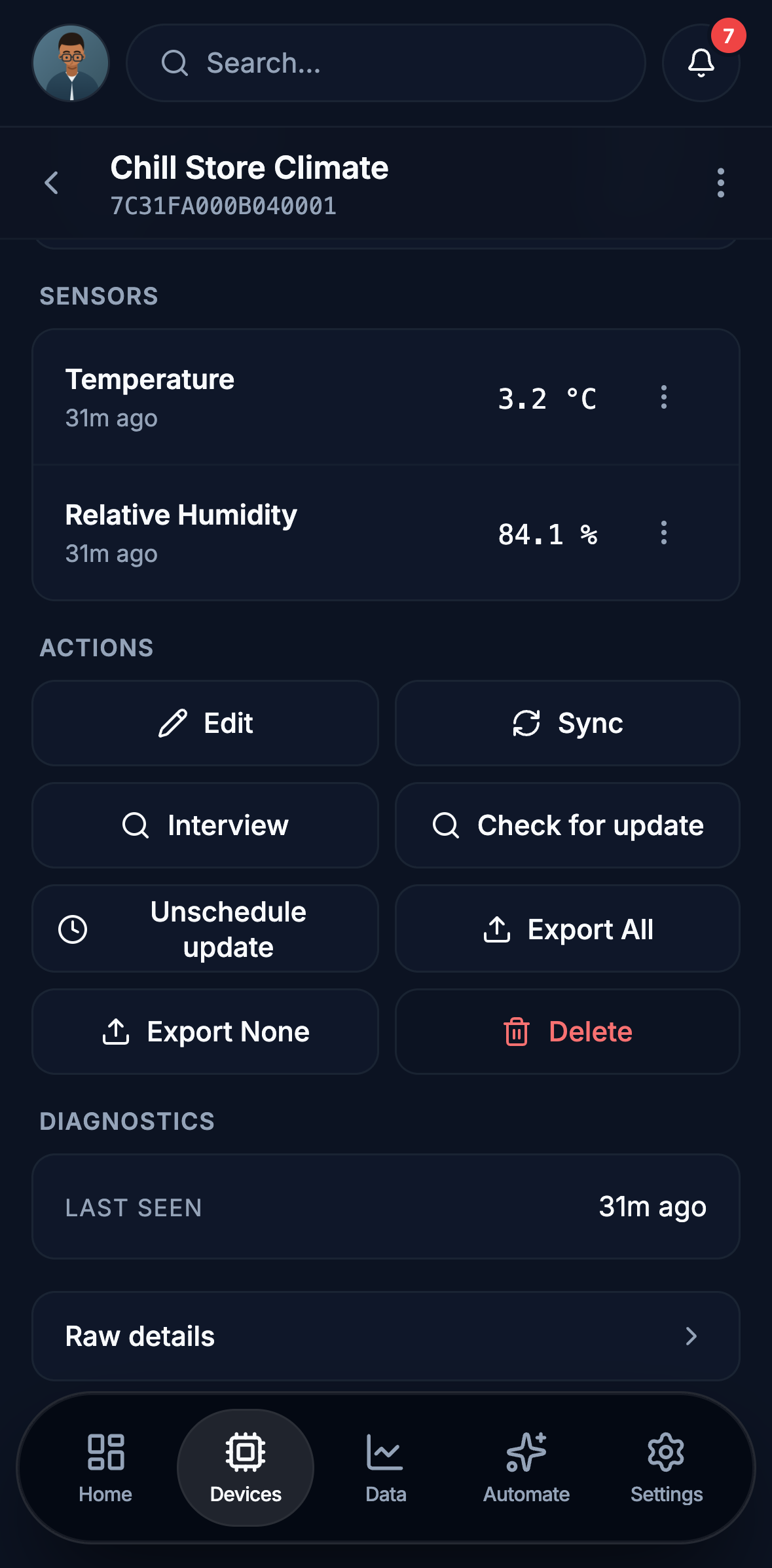 Edge on a phone: one climate sensor, with its temperature and humidity readings, actions to edit, sync, interview, check for a firmware update, export and delete, and its diagnostics below them.