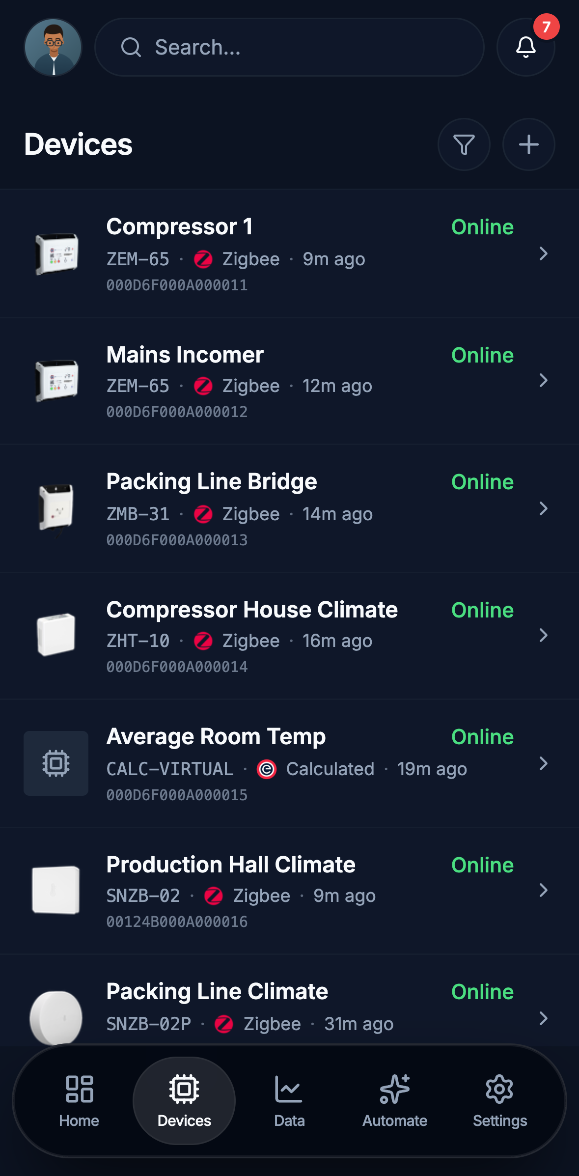 Edge on a phone: the device list, each row with the device name, its model and protocol, when it last reported and whether it is online. Electricity monitors, a Modbus bridge, climate sensors and a calculated device.
