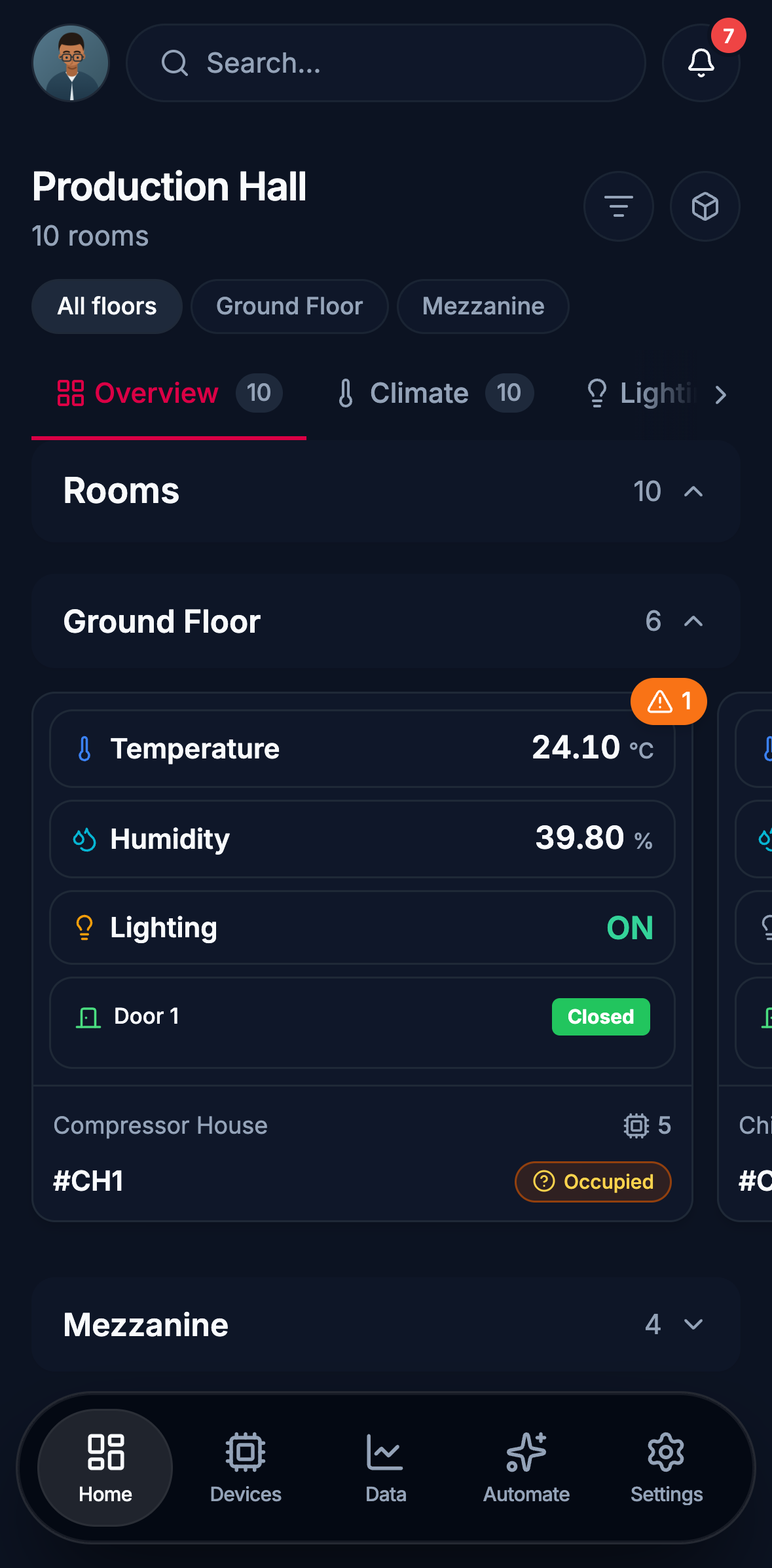 Edge on a phone: the Production Hall home screen, its ground floor rooms with live temperature, humidity, lighting and door state, the mezzanine collapsed below them, and navigation for Home, Devices, Data, Automate and Settings.