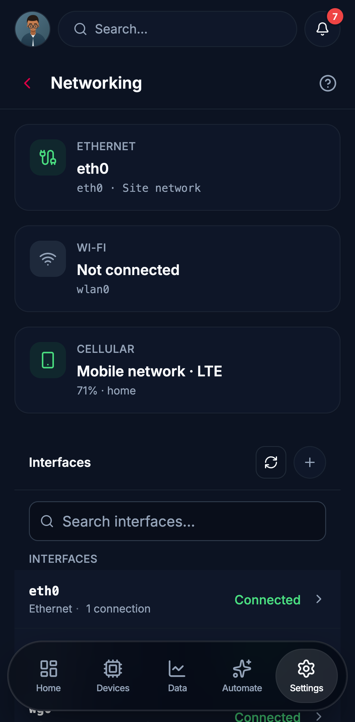 Edge on a phone: the networking screen, with cards for Ethernet, Wi-Fi and cellular, and the interface list below them.