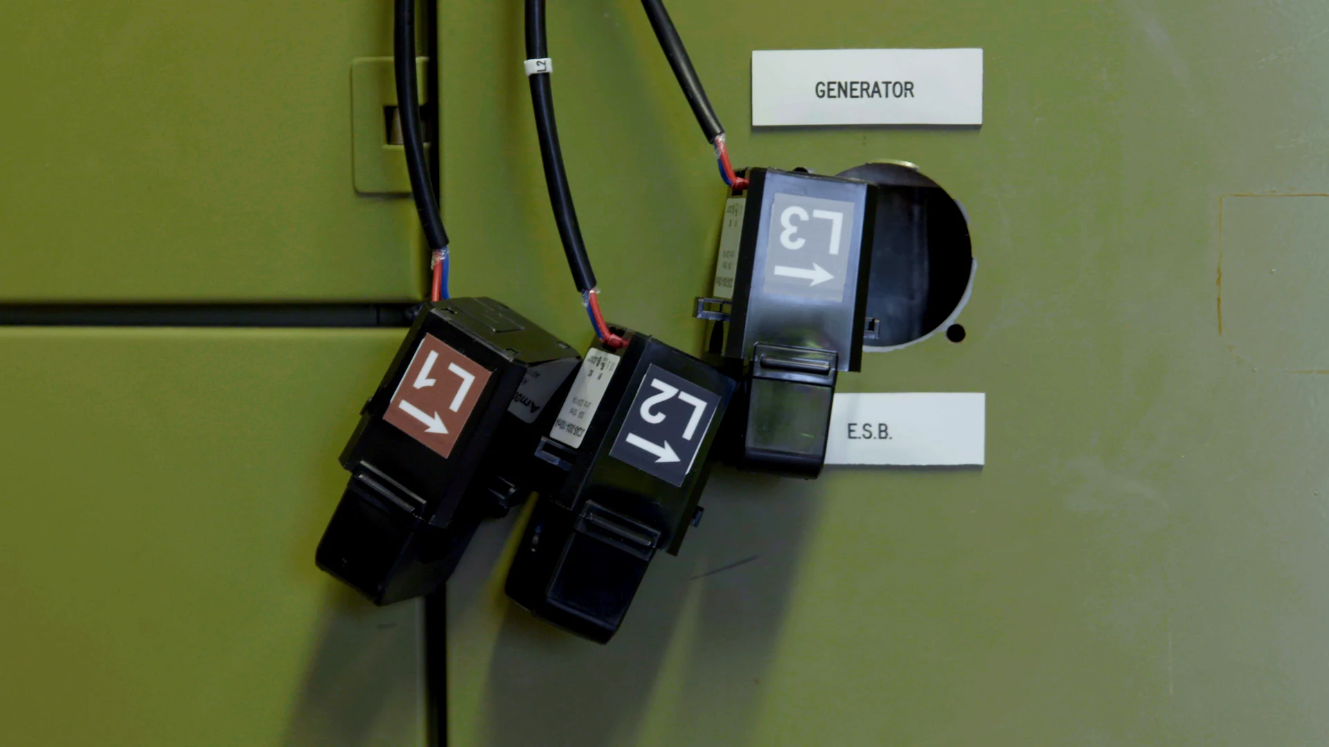Split-core current sensors marked L1, L2 and L3 on a changeover panel labelled generator and mains supply.