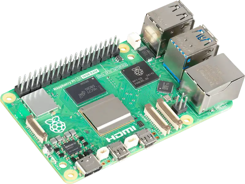 A Raspberry Pi 5 board seen from above at an angle, with its USB, Ethernet, HDMI and power connectors.