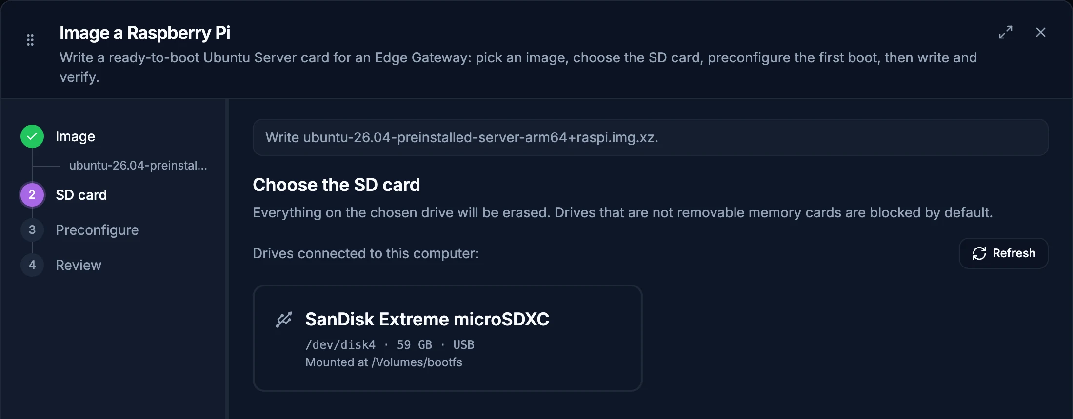 The Image a Raspberry Pi wizard at its SD card step, with a SanDisk Extreme microSDXC card listed and steps for image, SD card, preconfigure and review.