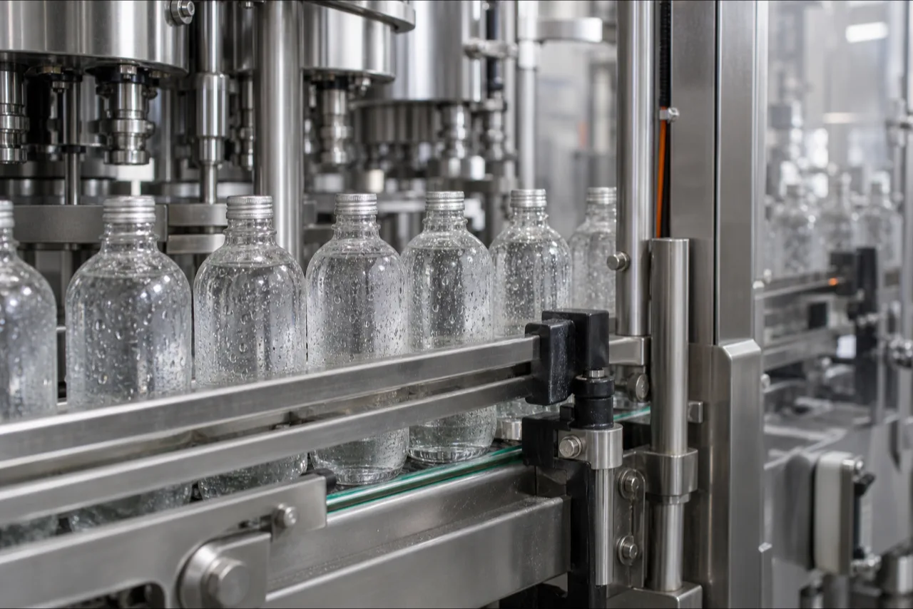 Filled bottles moving along a stainless steel production line