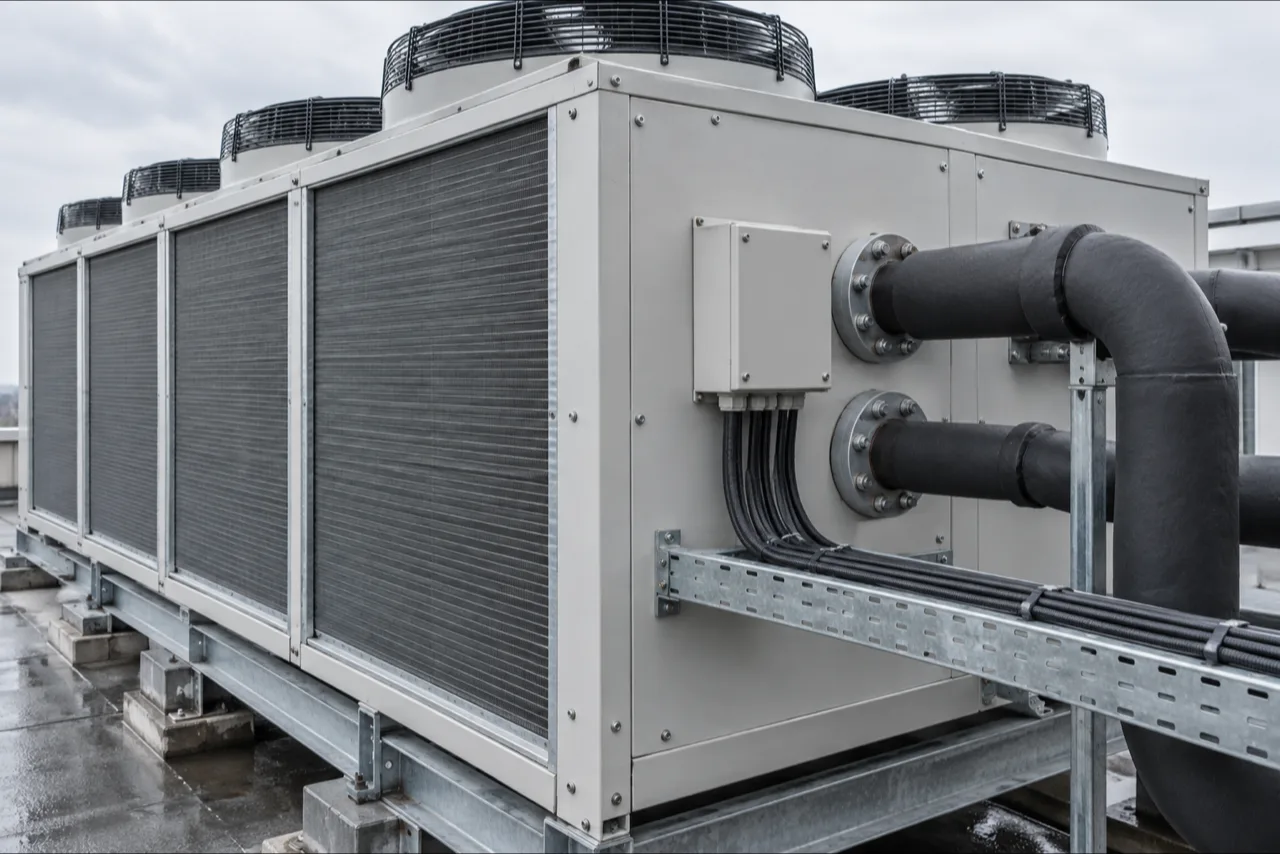 An air-cooled chiller on a rooftop, with its coil bank and insulated pipework