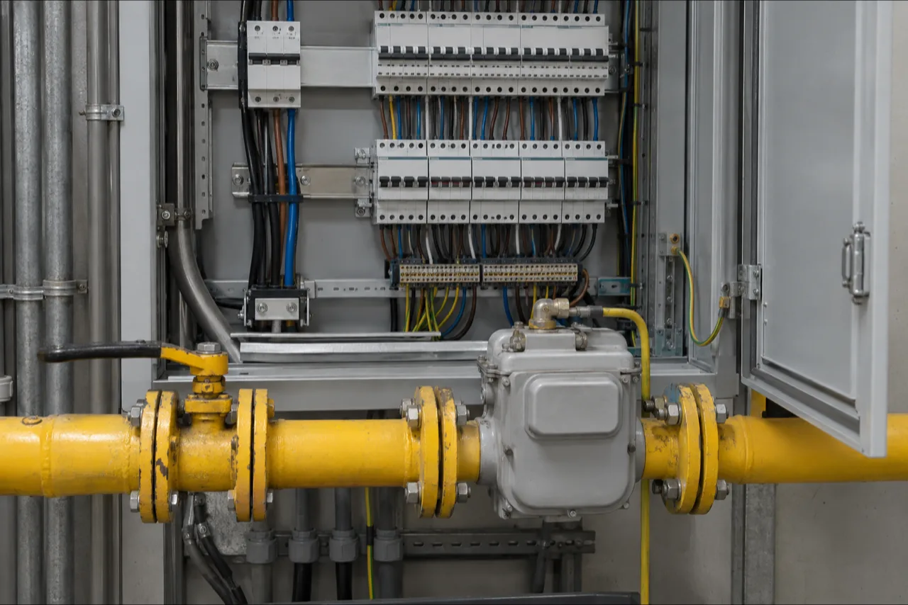 A gas meter on a yellow pipe in front of an open electrical distribution board