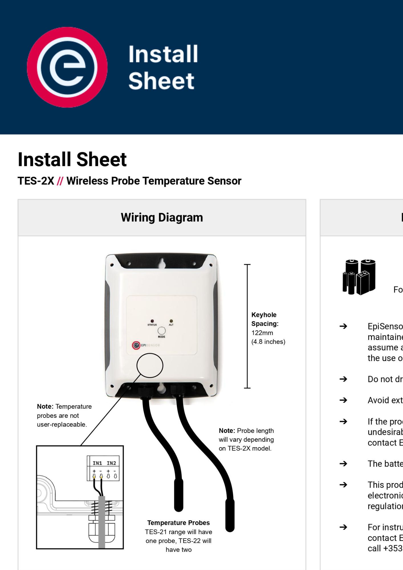 Install Sheet EpiSensor TES 2X Install Sheet EpiSensor TES 2X