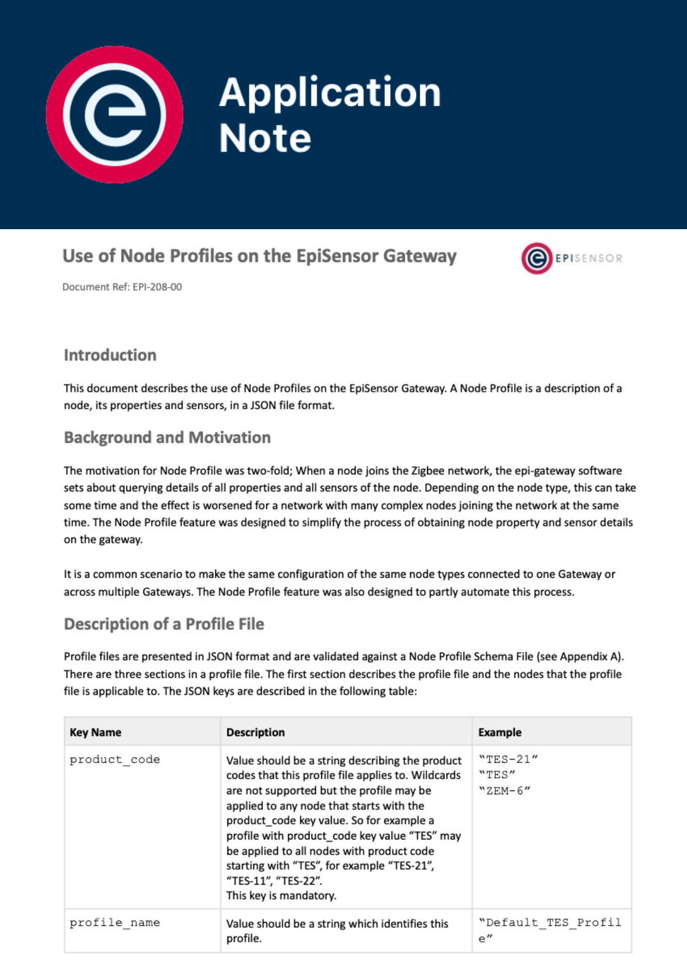 Application Note - Use of Node Profiles on the EpiSensor Gateway Application Note - Use of Node Profiles on the EpiSensor Gateway