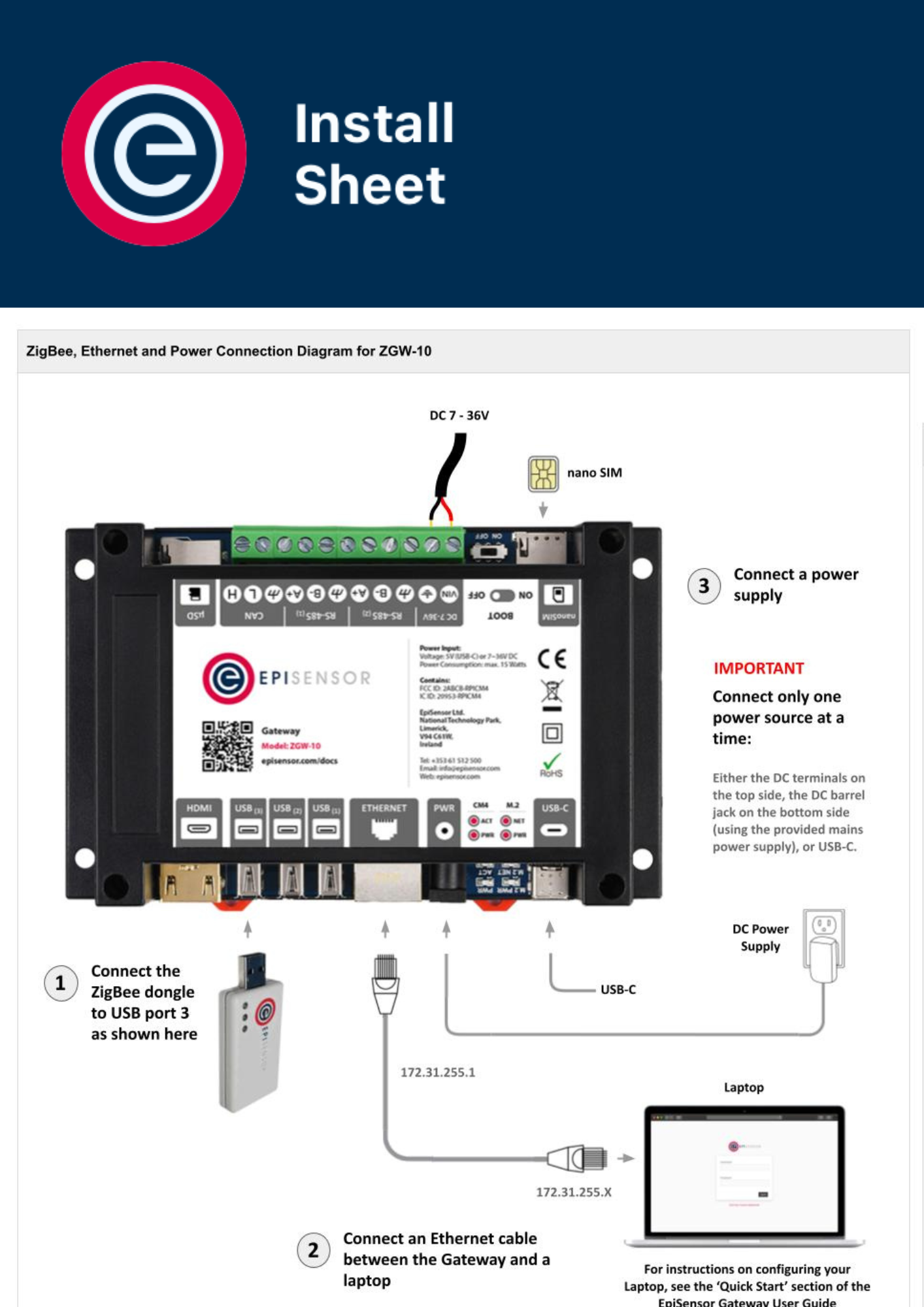 Install Sheet ZGW-10 Gateway Install Sheet ZGW-10 Gateway