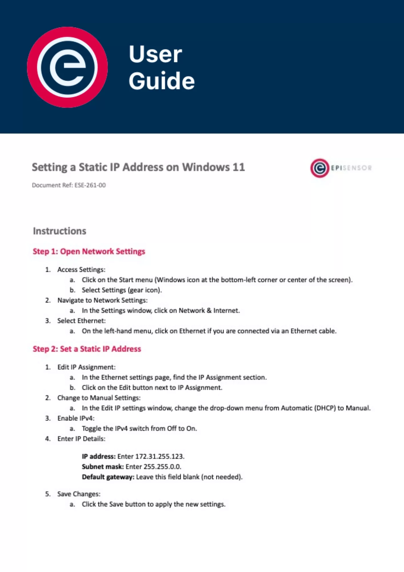Setting a Static IP Address on Windows 11 (EPI-261-00) Setting a Static IP Address on Windows 11