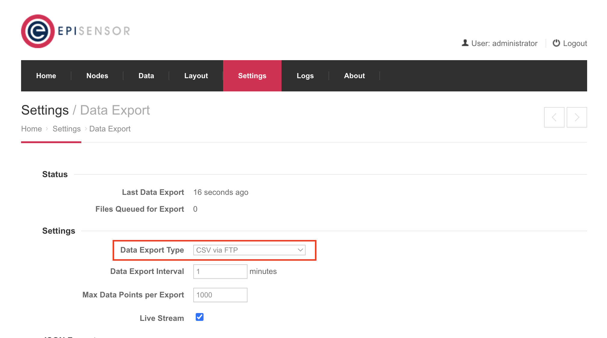 Setting the data export type on an EpiSensor gateway.