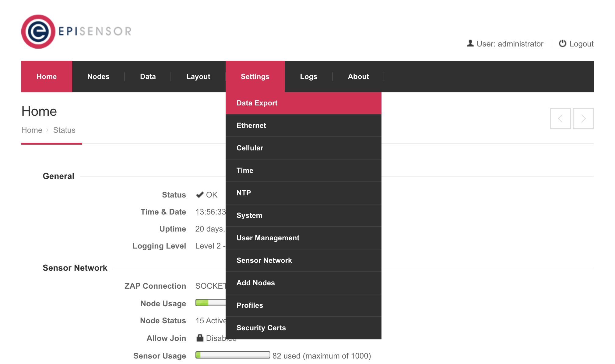 EpiSensor Gateway Interface, Navigating to the Data Export Functionality