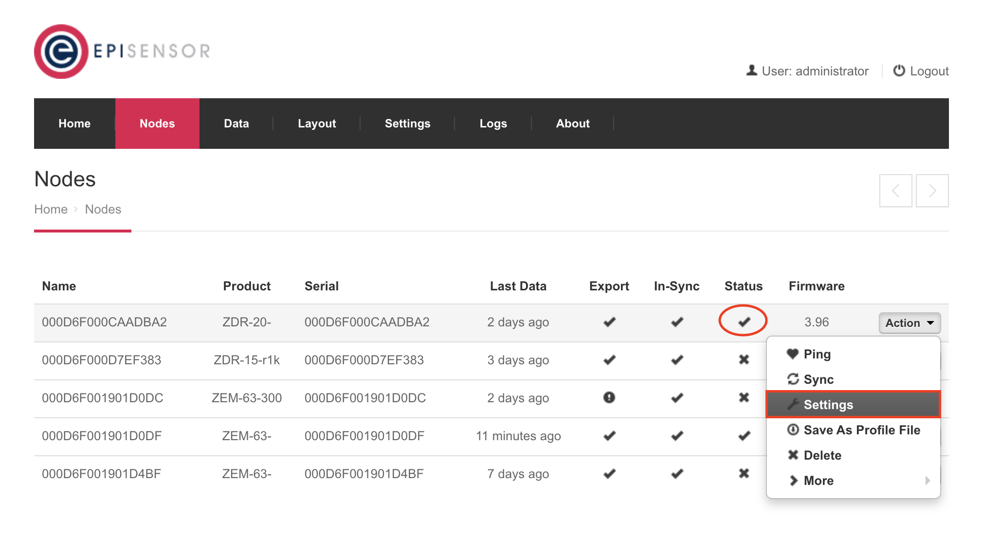 EpiSensor Gateway Navigating to Node Settings