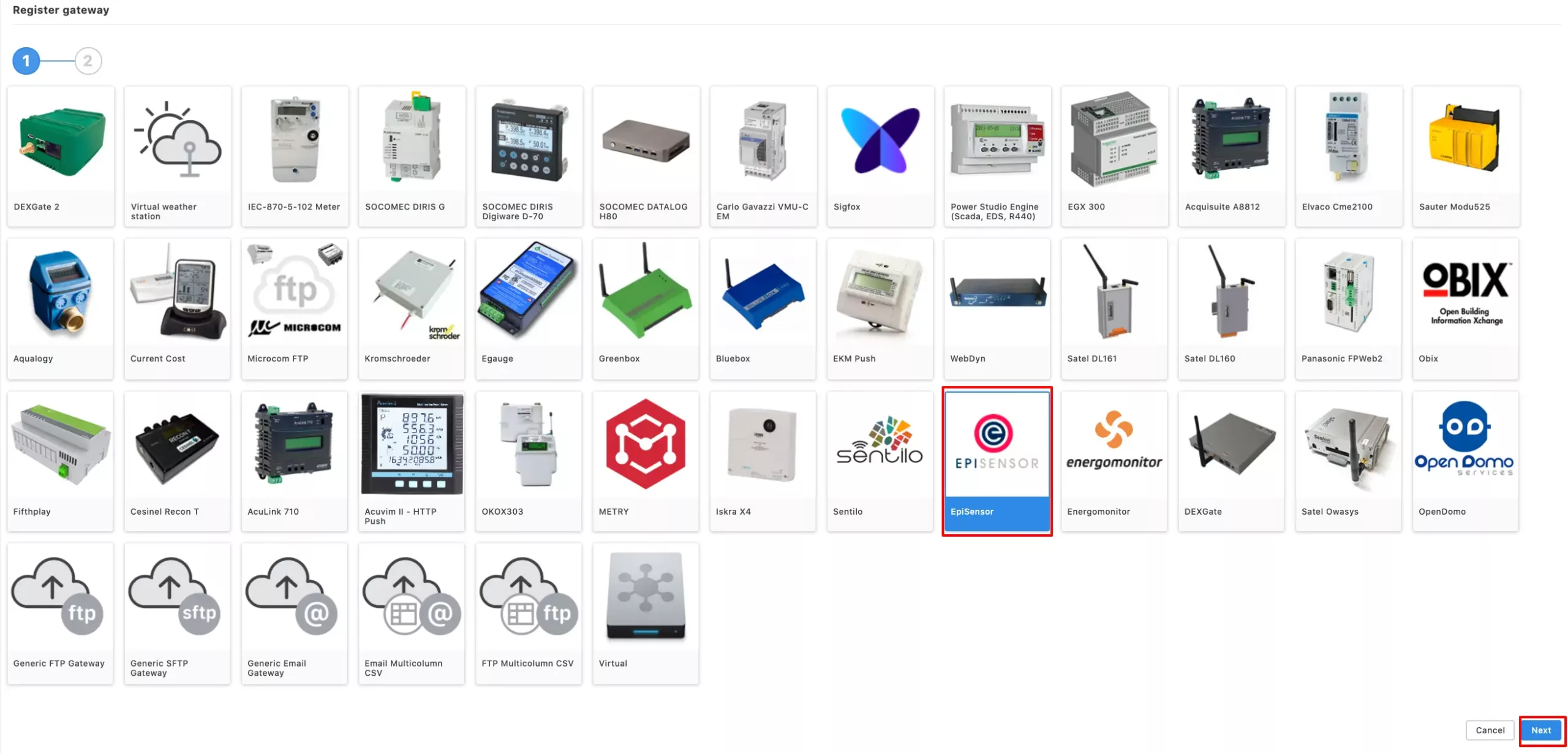 Selecting th eEpiSensor gateway on the Spacewell Energy by Dexma Platform