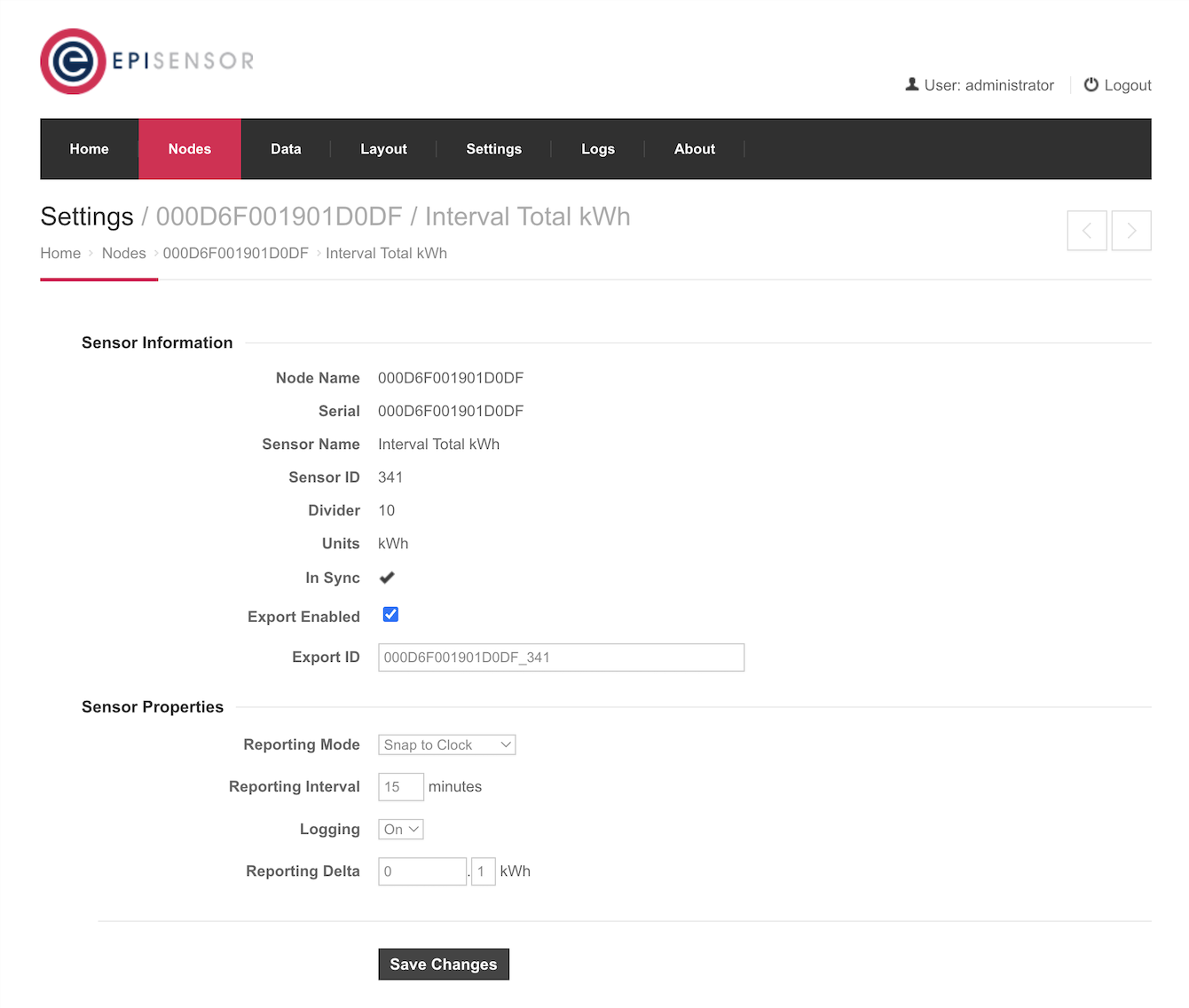 Sensor Setting screen on an EpiSensor Gateway